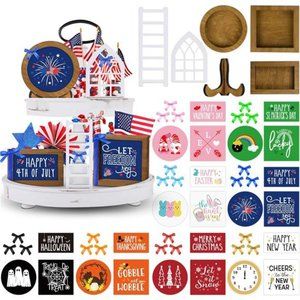 Farmhouse 4th of July Tiered Tray Decor Set - Interchangeable Seasonal Frames